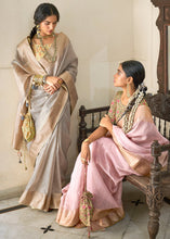 Load image into Gallery viewer, Smoke Grey Zari Weaving Tissue Silk Saree with kalamkari Print Blouse
