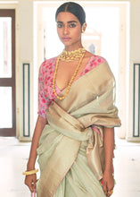 Load image into Gallery viewer, Tea Green Zari Weaving Tissue Silk Saree with kalamkari Print Blouse
