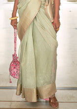 Load image into Gallery viewer, Tea Green Zari Weaving Tissue Silk Saree with kalamkari Print Blouse