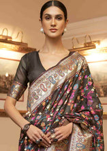 Load image into Gallery viewer, Charcoal Black Banarasi Jamawar Woven Silk Saree