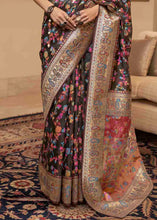 Load image into Gallery viewer, Charcoal Black Banarasi Jamawar Woven Silk Saree