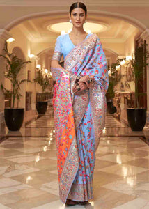 Cornflower Blue Banarasi Jamawar Woven Silk Saree
