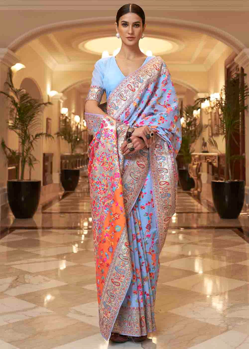 Cornflower Blue Banarasi Jamawar Woven Silk Saree