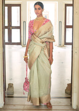 Load image into Gallery viewer, Tea Green Zari Weaving Tissue Silk Saree with kalamkari Print Blouse