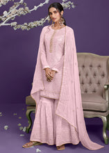 Load image into Gallery viewer, Lemonade Pink Georgette Sharara Suit with Thread, Sequins &amp; Khatli work