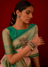 Load image into Gallery viewer, Peach Pink Zari Woven Georgette Saree with Contrast Border &amp; Blouse