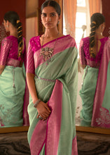 Load image into Gallery viewer, Pastel Green Zari Woven Georgette Saree with Contrast Border &amp; Blouse