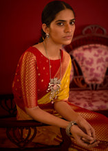 Load image into Gallery viewer, Saffron Yellow Zari Woven Georgette Saree with Contrast Border &amp; Blouse