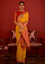 Load image into Gallery viewer, Saffron Yellow Zari Woven Georgette Saree with Contrast Border &amp; Blouse