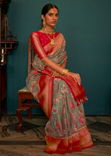 Load image into Gallery viewer, Green &amp; Red Tussar Silk Saree with kalamkari Print