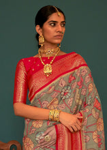 Load image into Gallery viewer, Green &amp; Red Tussar Silk Saree with kalamkari Print