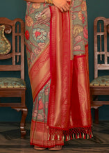 Load image into Gallery viewer, Green &amp; Red Tussar Silk Saree with kalamkari Print