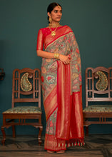 Load image into Gallery viewer, Green &amp; Red Tussar Silk Saree with kalamkari Print
