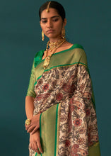 Load image into Gallery viewer, White &amp; Green Tussar Silk Saree with kalamkari Print