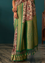 Load image into Gallery viewer, White &amp; Green Tussar Silk Saree with kalamkari Print
