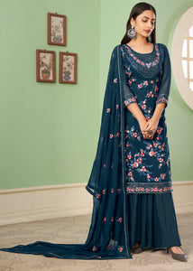 Space Blue Georgette Salwar Suit with Multi Colour Thread Embroidery & Sequence work