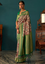 Load image into Gallery viewer, White &amp; Green Tussar Silk Saree with kalamkari Print