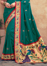 Load image into Gallery viewer, Teal Blue Woven Paithani Banarasi Silk Saree with Swarovski work &amp; Embroidered Blouse