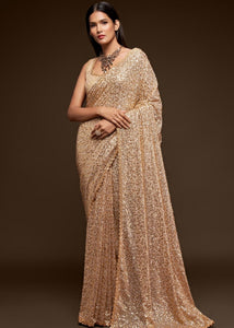 Ivory White Sequins & Thread Embroidered Designer Georgette Saree