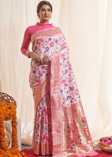 Lace Pink Woven Paithani Silk Saree