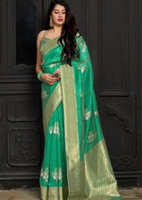 Load image into Gallery viewer, Jungle Green Banarasi Silk Floral Woven Saree with Golden Border and Pallu