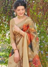 Load image into Gallery viewer, Tortilla Brown Zari Woven Floral Linen Silk Saree
