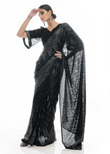 Load image into Gallery viewer, Midnight Black Sequins &amp; Thread Embroidered Designer Georgette Saree