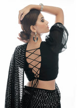 Load image into Gallery viewer, Midnight Black Sequins &amp; Thread Embroidered Designer Georgette Saree