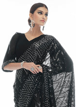 Load image into Gallery viewer, Midnight Black Sequins &amp; Thread Embroidered Designer Georgette Saree
