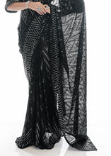 Load image into Gallery viewer, Midnight Black Sequins &amp; Thread Embroidered Designer Georgette Saree