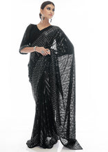 Load image into Gallery viewer, Midnight Black Sequins &amp; Thread Embroidered Designer Georgette Saree