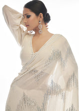 Load image into Gallery viewer, Daisy White Sequins &amp; Thread Embroidered Designer Georgette Saree