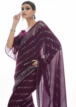 Load image into Gallery viewer, Plum Purple Sequins &amp; Thread Embroidered Designer Georgette Saree