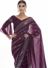 Load image into Gallery viewer, Plum Purple Sequins &amp; Thread Embroidered Designer Georgette Saree