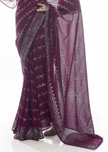 Load image into Gallery viewer, Plum Purple Sequins &amp; Thread Embroidered Designer Georgette Saree