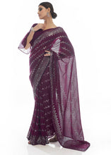 Load image into Gallery viewer, Plum Purple Sequins &amp; Thread Embroidered Designer Georgette Saree
