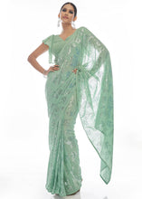 Load image into Gallery viewer, Sea Green Sequins &amp; Thread Embroidered Designer Georgette Saree
