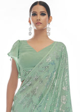 Load image into Gallery viewer, Sea Green Sequins &amp; Thread Embroidered Designer Georgette Saree