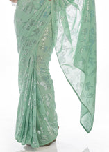 Load image into Gallery viewer, Sea Green Sequins &amp; Thread Embroidered Designer Georgette Saree