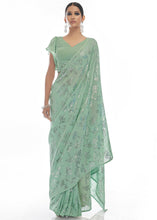 Load image into Gallery viewer, Sea Green Sequins &amp; Thread Embroidered Designer Georgette Saree