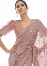 Load image into Gallery viewer, Peach Pink Sequins &amp; Thread Embroidered Designer Georgette Saree