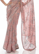Load image into Gallery viewer, Peach Pink Sequins &amp; Thread Embroidered Designer Georgette Saree
