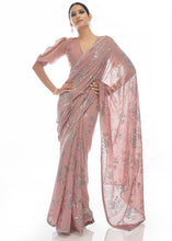 Load image into Gallery viewer, Peach Pink Sequins &amp; Thread Embroidered Designer Georgette Saree