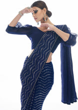 Load image into Gallery viewer, Navy Blue Sequins &amp; Thread Embroidered Designer Georgette Saree