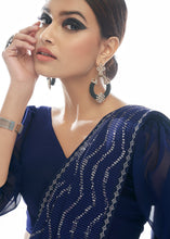 Load image into Gallery viewer, Navy Blue Sequins &amp; Thread Embroidered Designer Georgette Saree