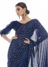 Load image into Gallery viewer, Navy Blue Sequins &amp; Thread Embroidered Designer Georgette Saree