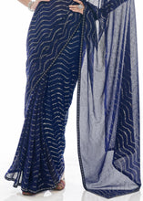 Load image into Gallery viewer, Navy Blue Sequins &amp; Thread Embroidered Designer Georgette Saree
