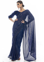Load image into Gallery viewer, Navy Blue Sequins &amp; Thread Embroidered Designer Georgette Saree