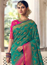 Load image into Gallery viewer, Pine Green Floral Zari Woven Raw Silk Saree