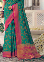 Load image into Gallery viewer, Pine Green Floral Zari Woven Raw Silk Saree
